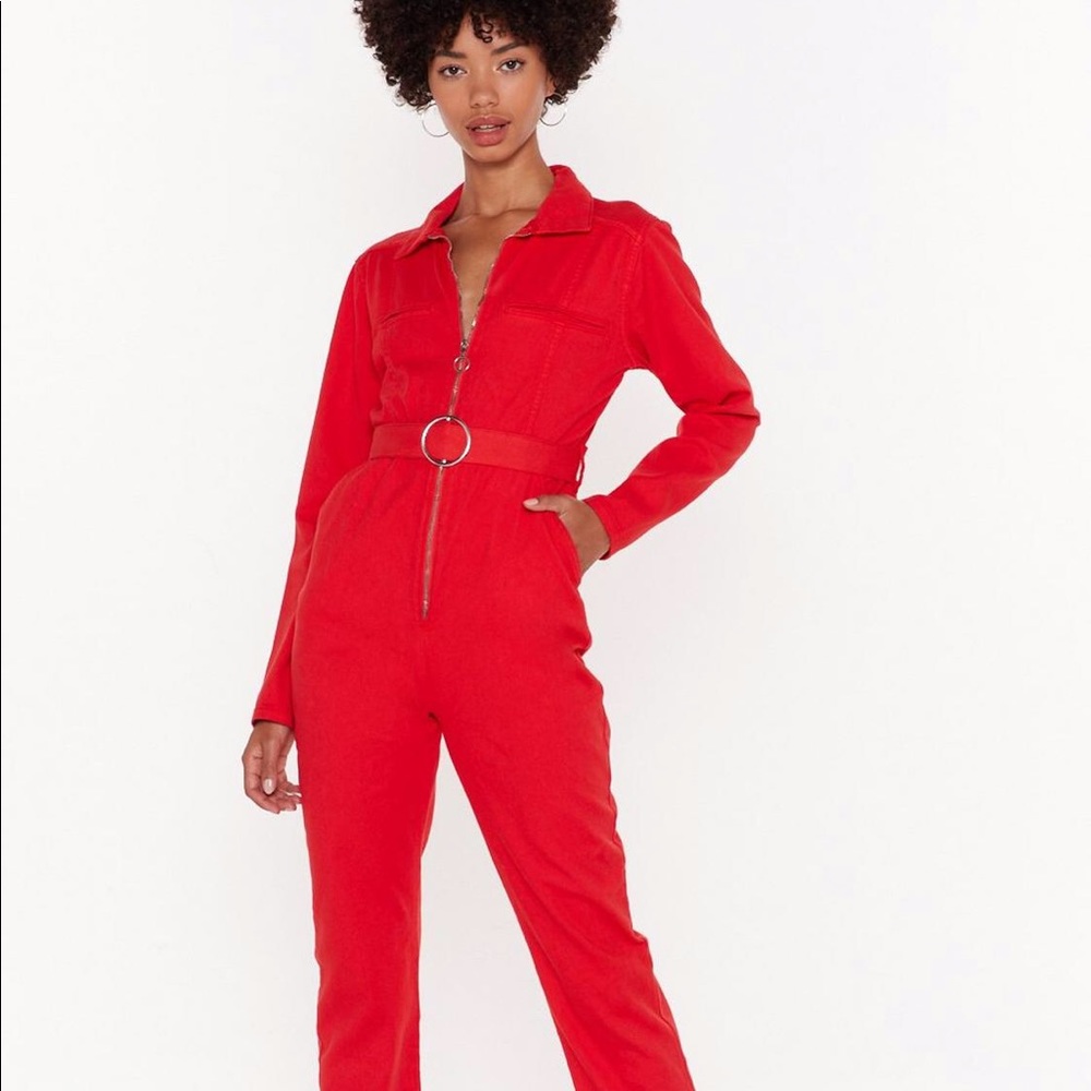 Red Denim Jumpsuit / Coveralls Retro Look